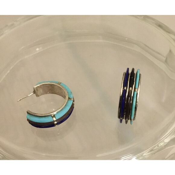 Vintage Navajo Inlay Turquoise/Lapis/Onyx Sterling Silver 3/4 Hoop Post Earrings - Picture 1 of 6